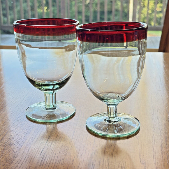 Handmade Other - Wine Sangria Glasses Red Rim Mexican Hand Blown Thick Glass Set/2 Barwar…